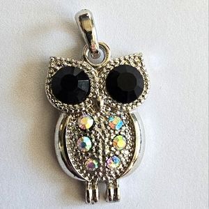Owl pendant bird charm aurora borealis ab silver tone